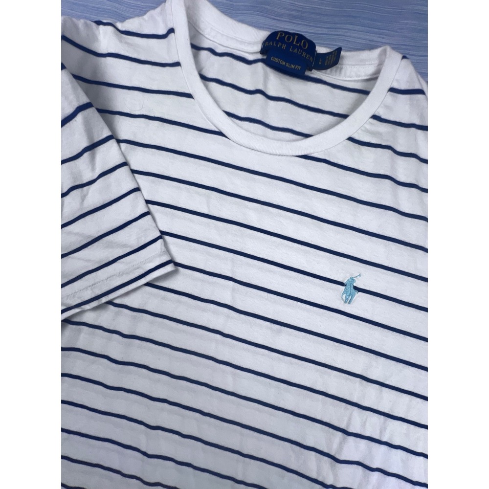 Polo Ralph Lauren Mens Custom Slim Fit Striped T-Shirt White Navy Blue Large L